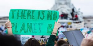 Protestor holding sign reading 'There is no planet B' at a climate protest