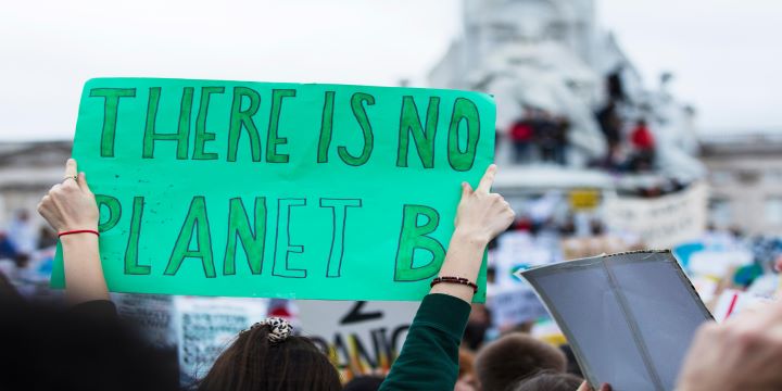 Protestor holding sign reading 'There is no planet B' at a climate protest
